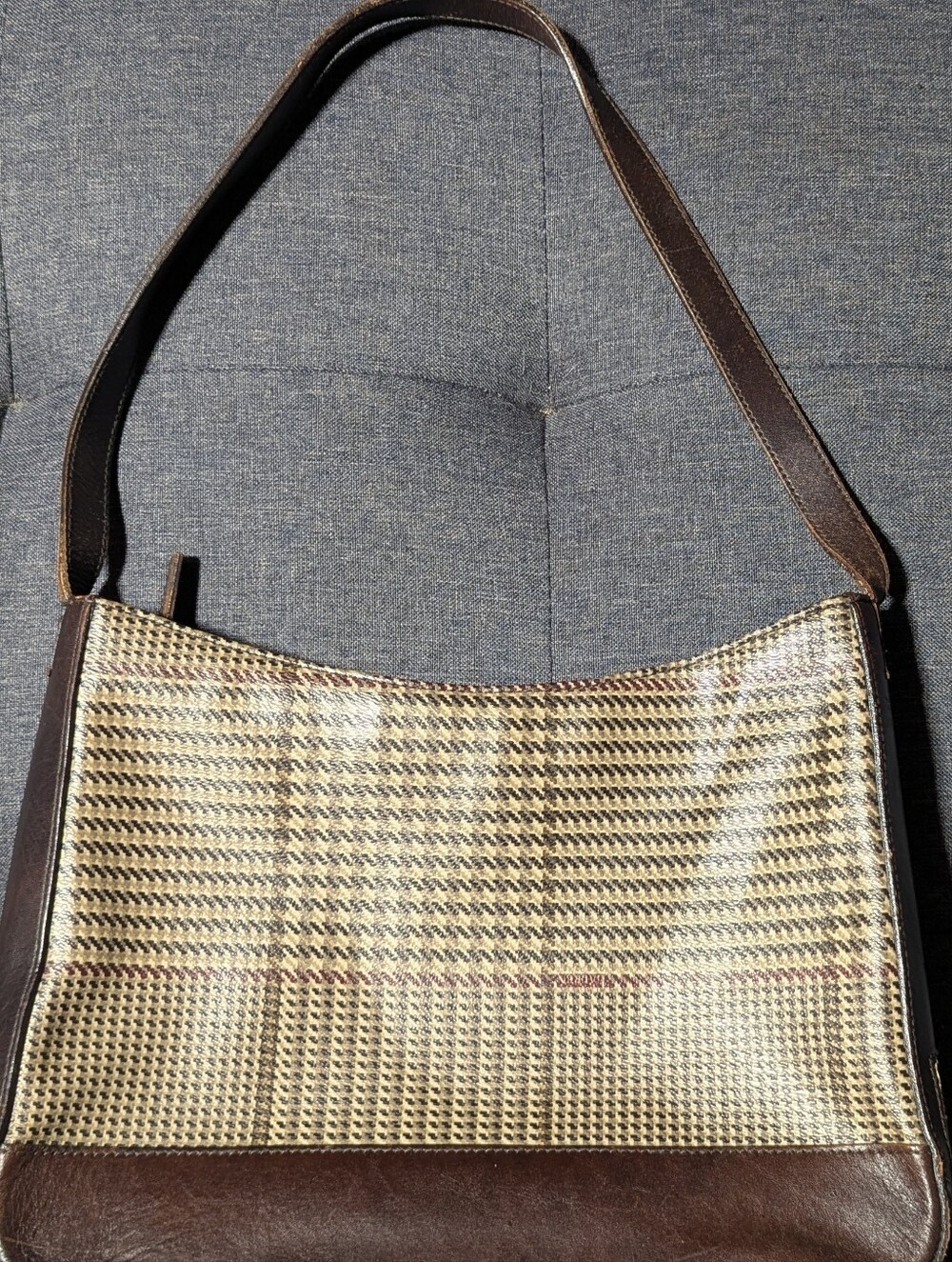 Vintage Lauren Ralph Lauren Houndstooth Plaid Shoulder Bag Brown Leather Trim